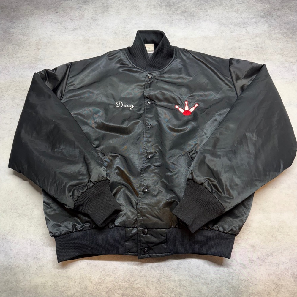 VTG Birdie Richard by Leslie Large Black White Horse Hotel Bowling Bomber Jacket - Picture 1 of 8